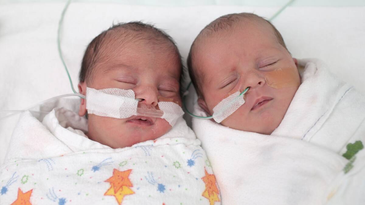 Warrnambool's Fiona Thom and David Leslie have twin baby daughters, Scarlett Ruby Leslie-Thom and Jasmine Lilly Leslie-Thom, born on March 9. The twins are sisters for Zach, 7, Jayden, 4, Lucas, 2, and Elisabeth, 1.