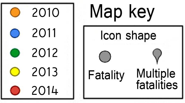 Click the map's icons to read more on each incident.