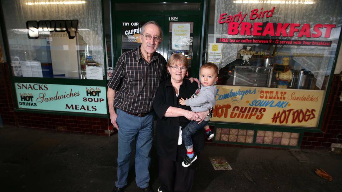 Warrnambool’s Savoy Restaurant owner Alan Tampion and his wife Roslyn holding great-grandson Coby Tampion-Collins, 2, announce they are retiring and closing their Liebig Street restaurant after running the establishment for almost three decades. Picture: DAMIAN WHITE