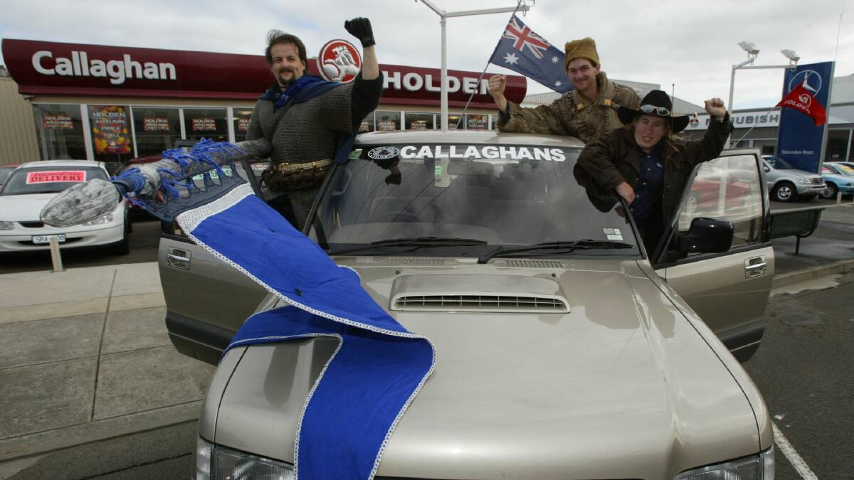 Cancer fundraising team Karl Lechmere, who will ride a horse dressed as a knight, and his support team Ashley Van Den Akker and Cally Hare, with a car donated by Callaghan Motors. 