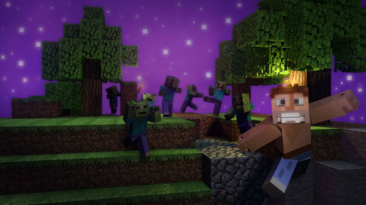 A promotional image from Minecraft, showing its basic graphics and player-created environment.