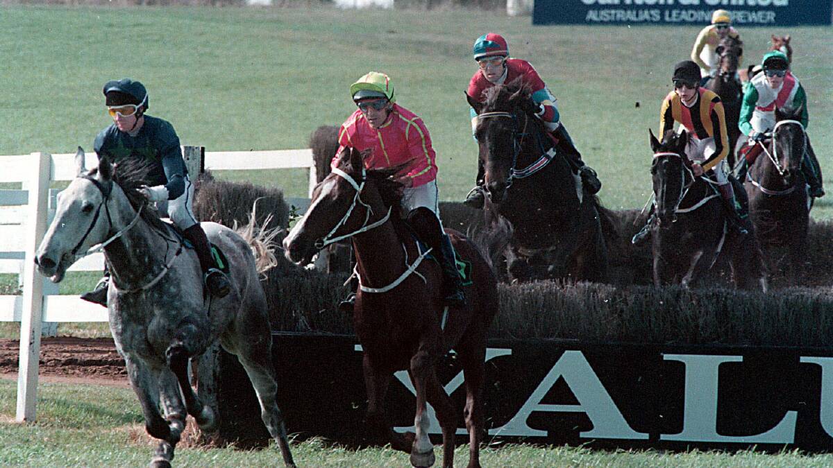 The winner of the 1997 Brierly Steeplechase was the horse third from the left Foxboy, with jockey Brett Scott. 