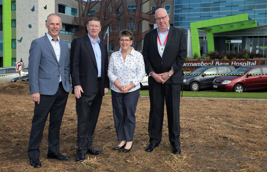 South West Healthcare CEO John Krygger, Premier Denis Napthine, Peter's Project founder Vicki Jellie, and South West Healthcare board chairman John Maher, after the announcement of the preferred bidder for the south-west radiotherapy centre.