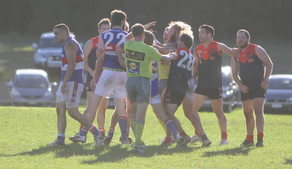 Tempers were high at the end of the second quarter between Timboon Demons and Panmure on May 14.
