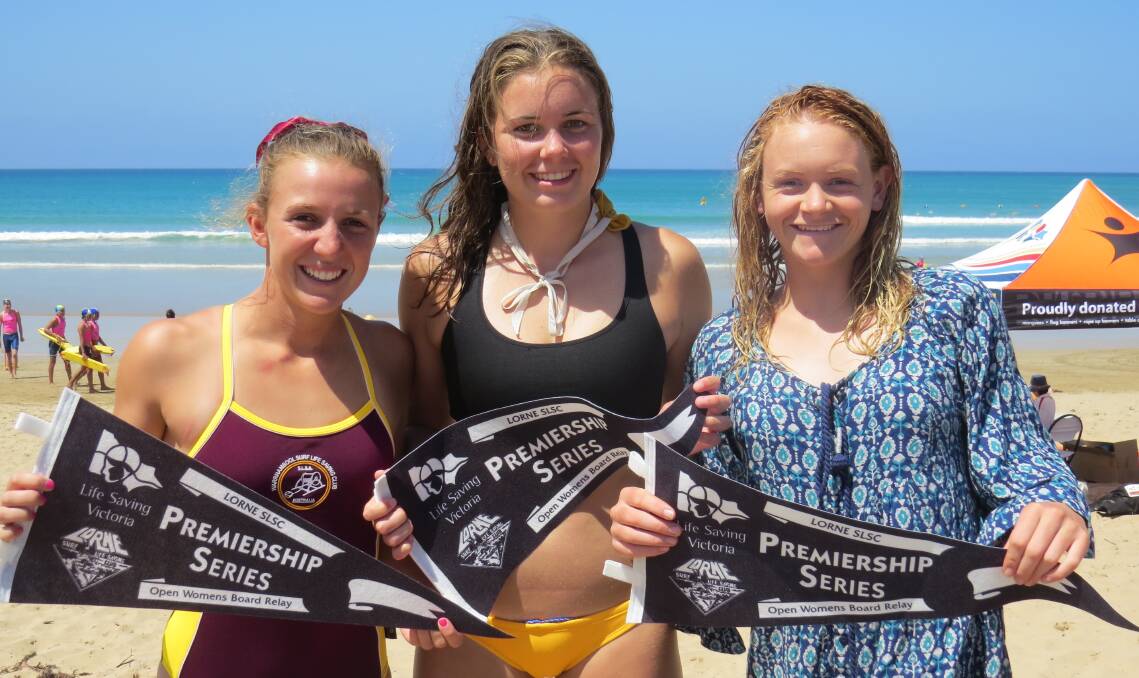 IN FORM: The successful Warrnambool Surf Life Saving female board relay team of Sophie Thomas, Shayla Casamento and Jane McMeel.