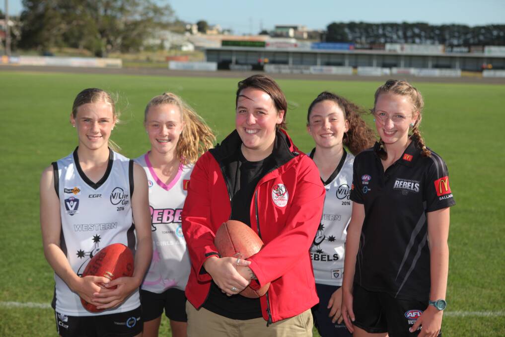 NEW ERA: Alicia Drew will coach South Warrnambool's youth girls' side in 2017. She is pictured with Renee Saulitis, 14, Ruby Cross, 14, Jayda Page, 14, and Caitlyn Smith, 16.