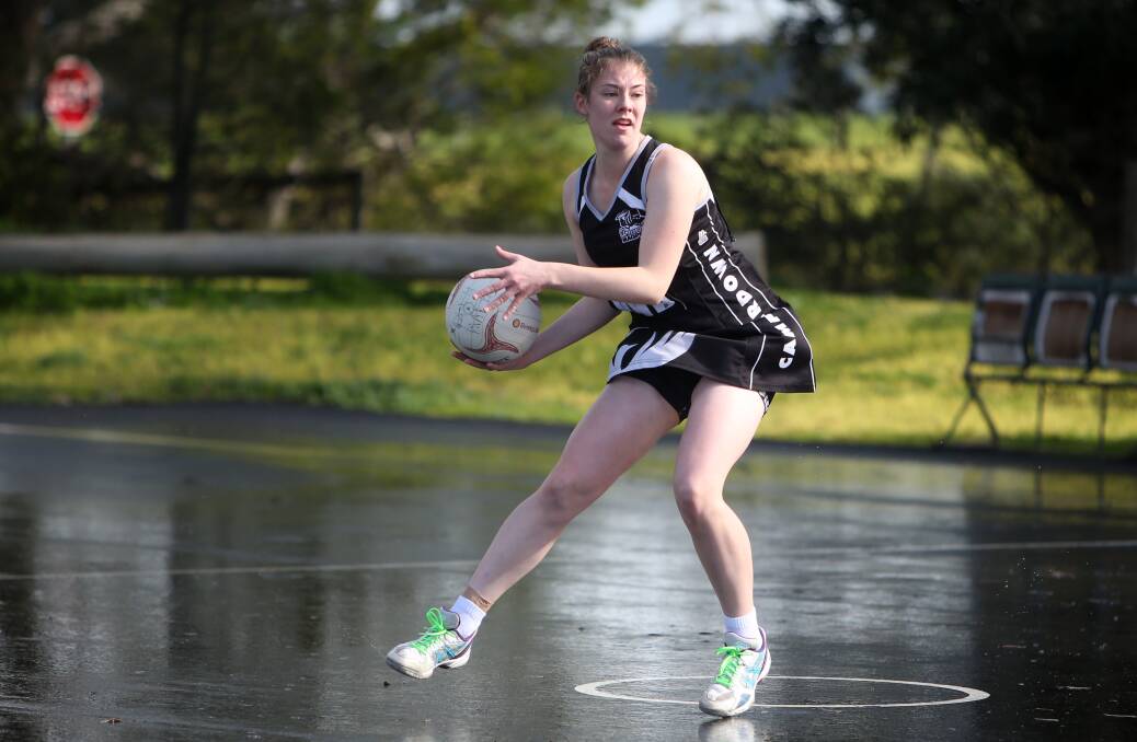 Camperdown wing defence Caitlin Hall looks to pass off during Saturday's win over Port Fairy. Picture: Amy Paton