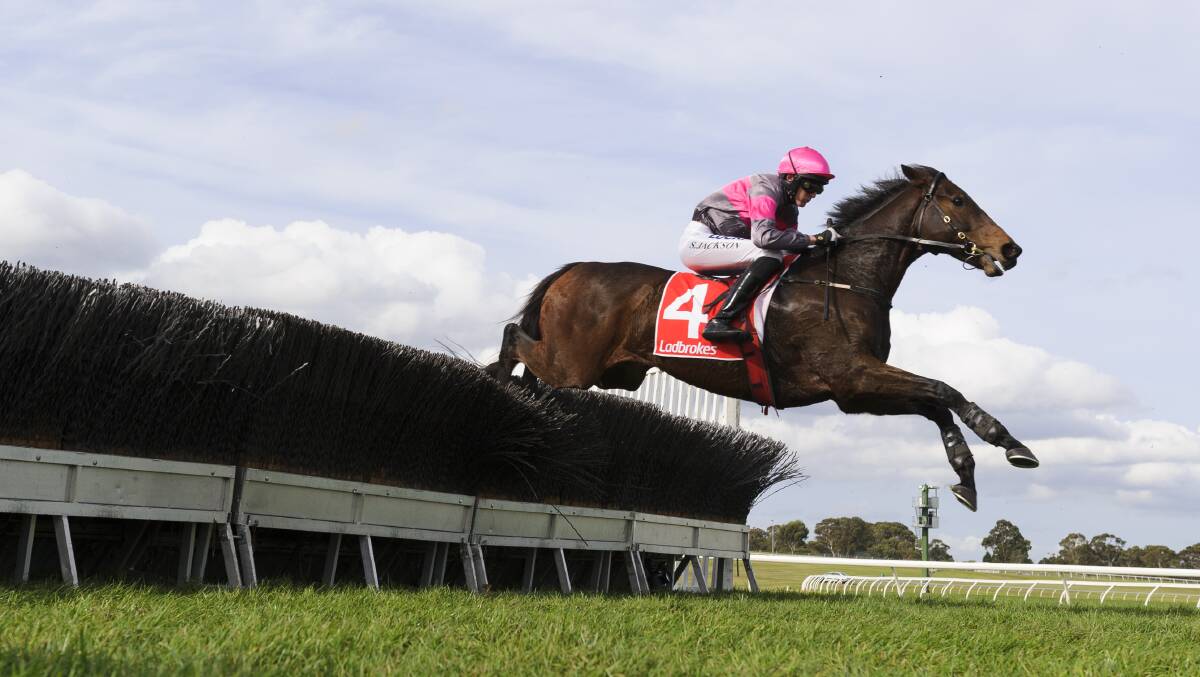 CLEARING THE JUMP: Symon Wilde-trained Gold Medals, ridden by jockey Shane Jackson, took out the Australian Steeplechase at Sandown on Saturday. Picture: Getty Images