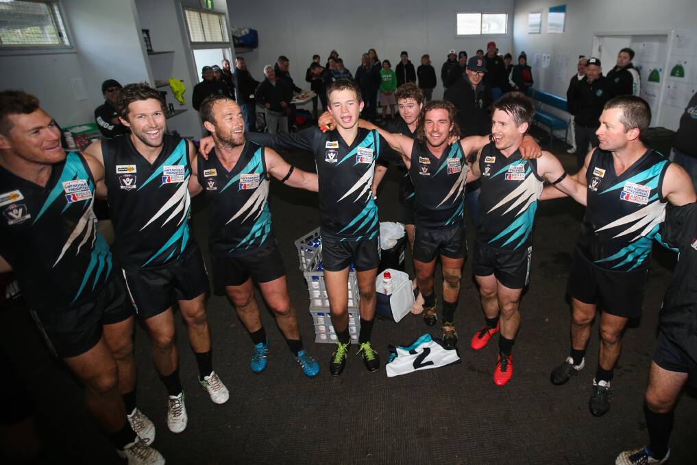 CELEBRATE: Kolora-Noorat players belt out the club song after defeating Merrivale on Saturday. Picture: Morgan Hancock