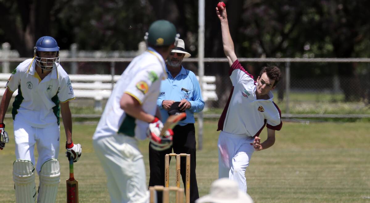 LINE AND LENGTH: Noorat bowler Henry Moyle sends a delivery down against Bookaar on Saturday. Picture: Rob Gunstone