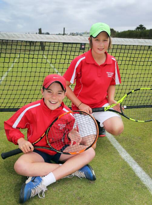 SERVING IT UP: Warrnambool juniors Zac Norton, 12, and Tom Gedye, 11, are bound for Kooyong to compete in the Alicia Molik Cup this weekend as part of the South West team. Picture: Rob Gunstone