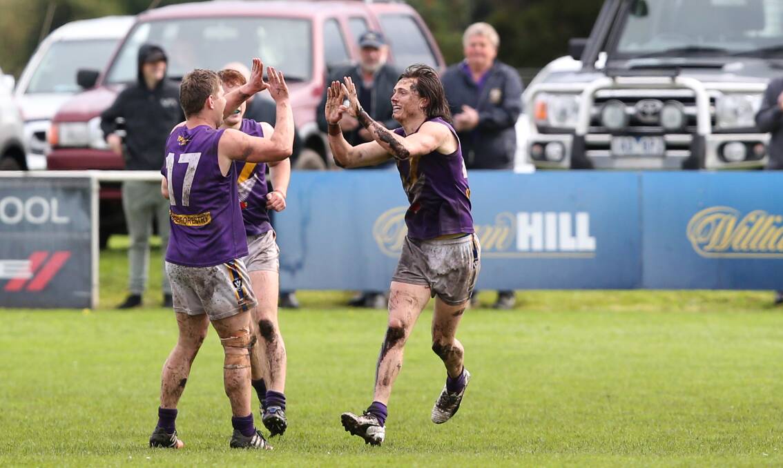  Port Fairy's Liam Howarth celebrates a goal with Nick Sheehan. Picture: Amy Paton