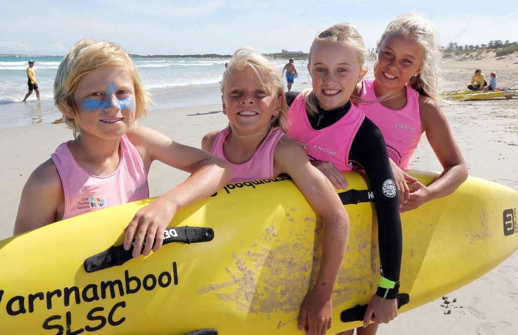 SURF'S UP: Warrnambool nippers Tom Droste, 9, Moses Stromvall-O'Brien, 10, Mia Cook, 9, and Nora Stromvall-O'Brien, 11. Picture: Rob Gunstone