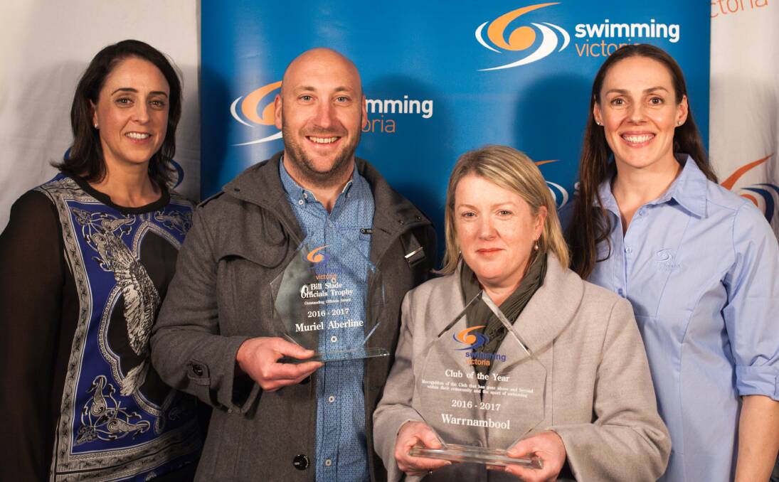 TOP CLUB: Australian swimming icons Nicole Livingstone (left) and Linley Frame (right) with Warrnambool Swimming Club representatives Paul Aberline and Kellie Windahl. Picture: Stevie O'Cuana/Swimming Victoria
