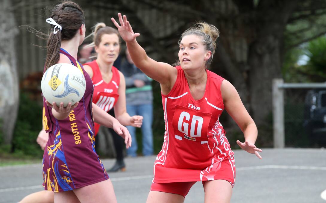 DEFENCE: Dennington's Kristie Bolden tries to block South Rovers' Abby Sheehan on Saturday. Picture: Vicky Hughson
