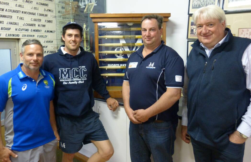 FIRST CLASS: Former Australian cricketer Brad Hodge (far left) dropped by Mortlake on Thursday night. He is pictured with Todd Lamont, Simon Ritchie and Don Sherwell.
