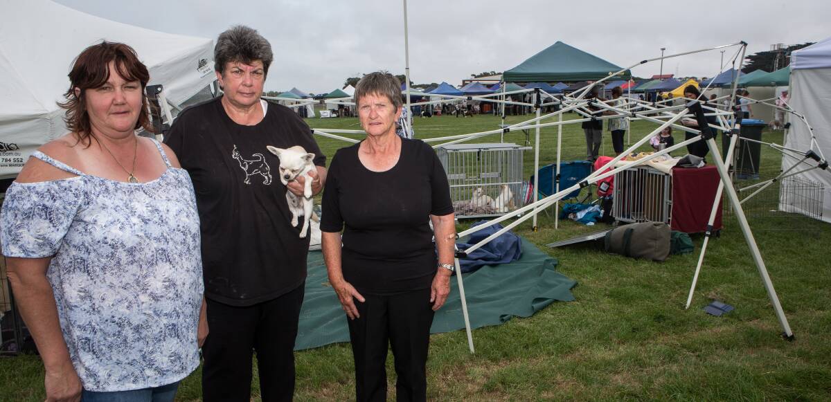 Angry: Sandra Green, Allison Rhodes and Sue Burton are upset after vandals attacked the All Breed Show at the Friendly Societies' Park on Saturday night. Picture: Christine Ansorge