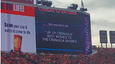 Support from the States! 🇺🇸 🏈 The Denver @Broncos wish our boys well and say #UpUpCronulla! 🏆 Pic: via @Cronulla_Sharks on Twitter