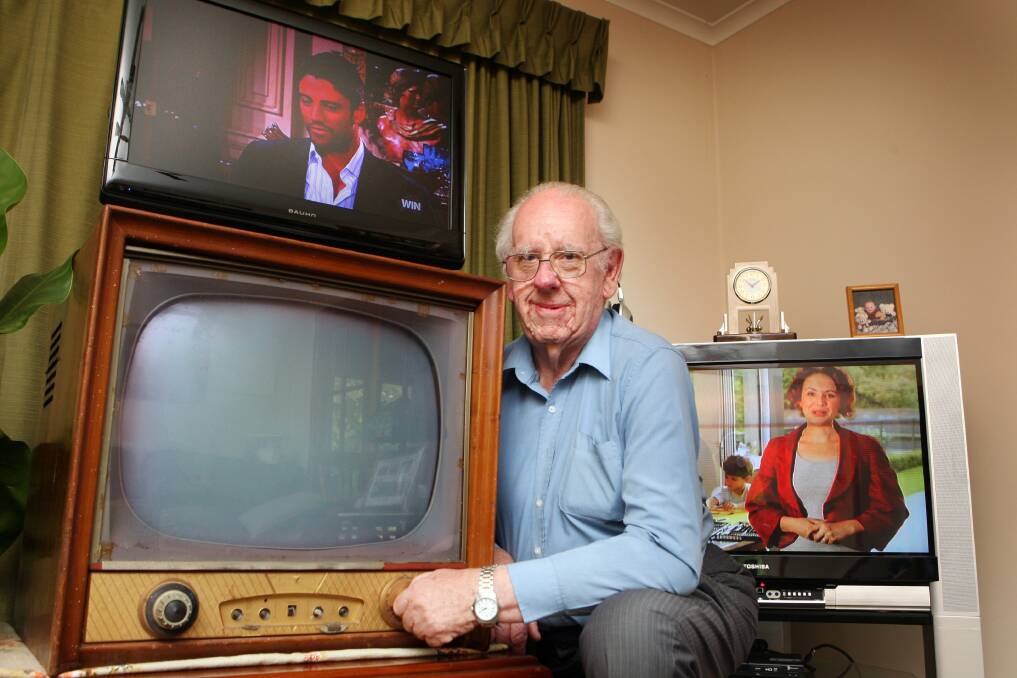 Warrnambool television expert John O'Rourke with the first black and white 21 inch television to be owned in the south west. The old television cost him 16 weeks wages and the one on top cost equivalent to three days wages. 
