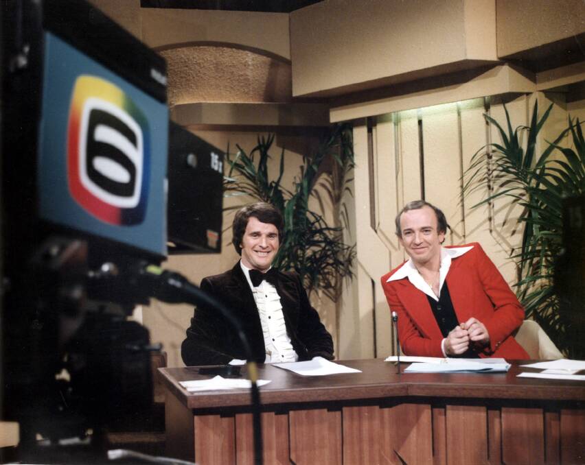 On the set of variety programme Six Tonight in the late 1970s with presenters Gary Rice and Fred Fargher