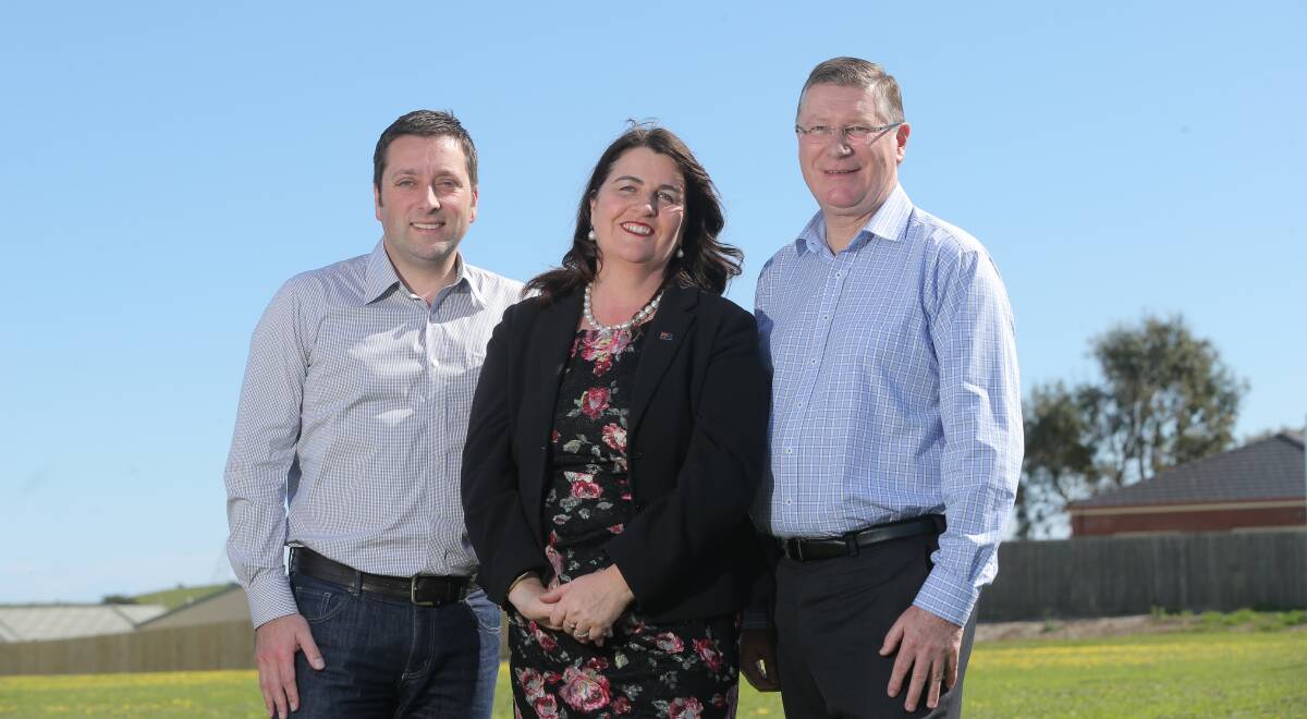 ROMA'S NEW EMPIRE: South West Coast Liberal candidate Roma Britnell with Matthew Guy and Denis Napthine on Sunday. Photo: Vicki Hughson