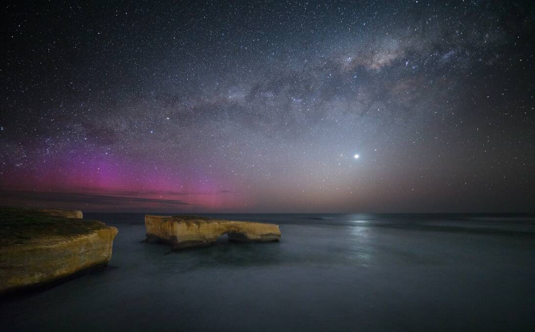 LIGHTING UP THE NIGHT SKY: This spectacular night time image of London Bridge, captured by Warrnambool photographer Perry Cho, shows the Aurora Australis, the Milky Way and Venus.