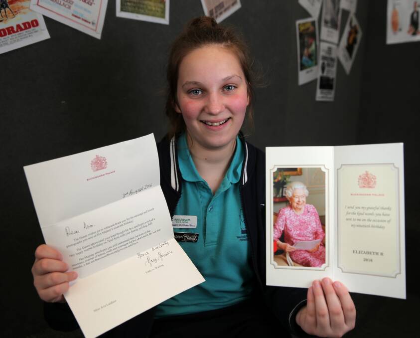 SPECIAL DELIVERY: Warrnambool West Primary School pupil Ava Laidlaw with the card and letter she received from Queen Elizabeth. The two have birthdays just a day apart. Picture: Rob Gunstone