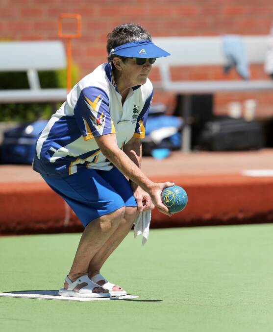 TAKING AIM: Warrnambool Blue player Shirley Sharp is a picture of concentration as she prepares to send down her next bowl. Picture: Rob Gunstone

