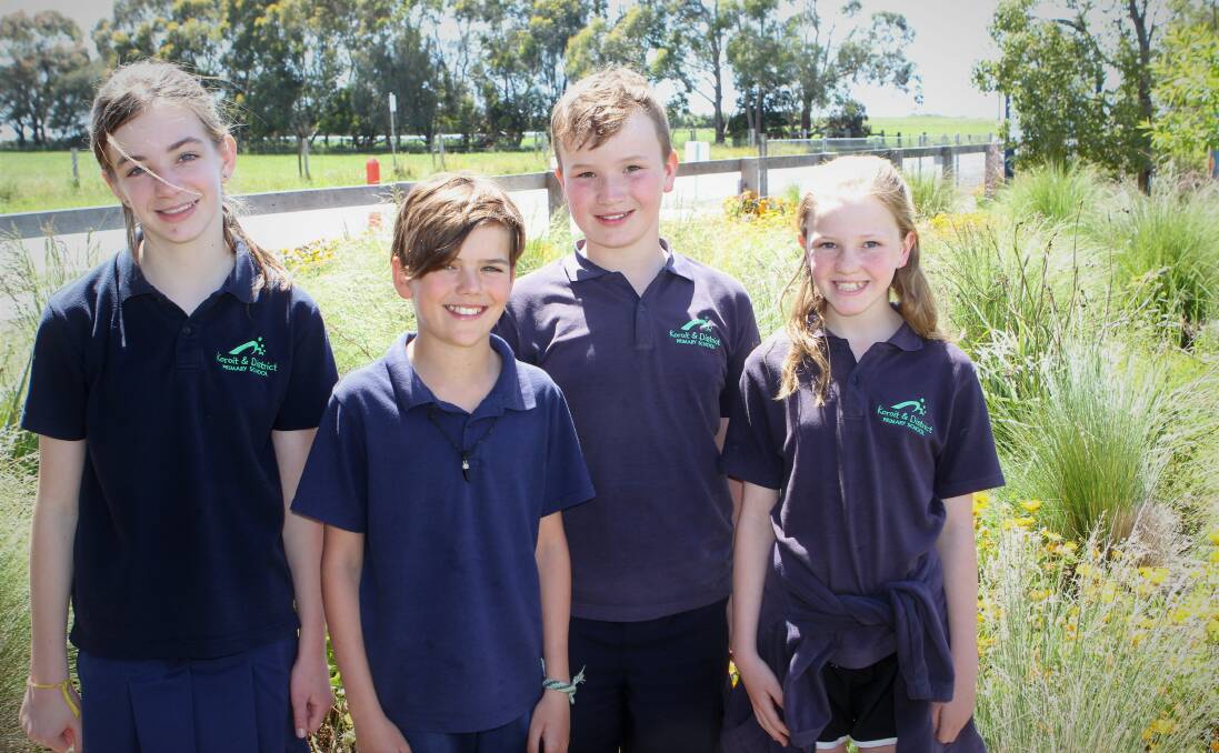 MAKEOVER: Koroit and District Primary School students Lily Van der Mark, Tully Prentice, Dominic Nagorcka and Emerson van Bruggen in the front garden. 