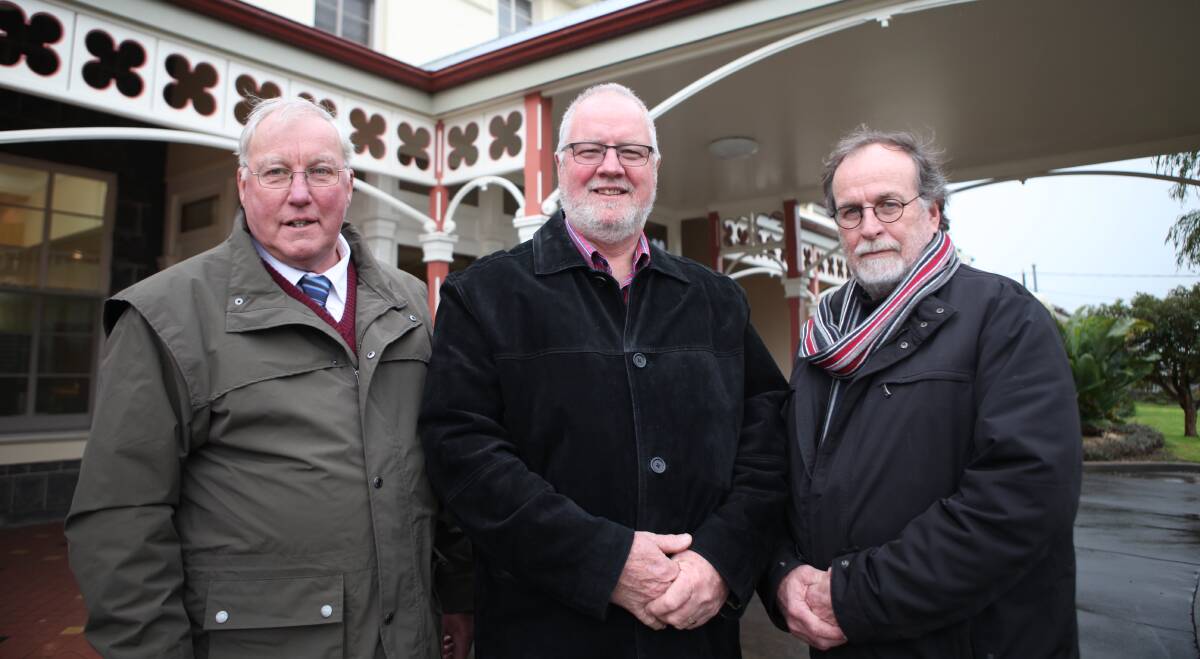FINISHING: Retiring Moyne Health Services board members Geoff Youl and Peter O'Keeffe with board president Ralph Leutton. Picture: Anthony Brady