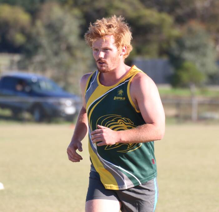 NEW FACES: Former Hamilton Kangaroos player Andrew Pepper at training with his new club Leopold. Terang Mortlake pair Alex Moloney and Tom Smith have also joined Leopold for 2016. Picture: Al Packer krockfootball.com.au