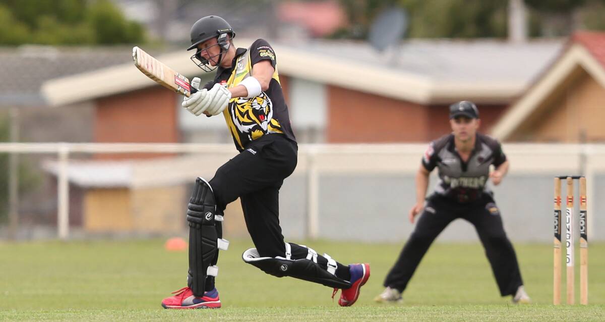 HITTING OUT: Merrivale all-rounder Steven Plant swings hard against West Warrnambool at Davidson Oval on Saturday. The Tigers won the game by 12 runs. Picture: Amy Paton