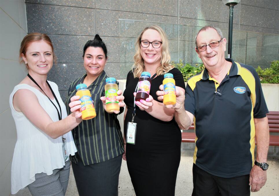 CHOICE: South West Healthcare staff members Jane Hurley, Nicole Maroniti and Nikita Wheaton with Brian Stevens from Fresha and the new fruit juice. Picture: Anthony Brady