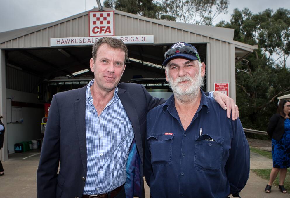 HELP: Member for Wannon Dan Tehan and Hawkesdale CFA captain Steve Stewart celebrate mental health funding for those affected by the St Patrick's Day Fires. Picture: Christine Ansorge
