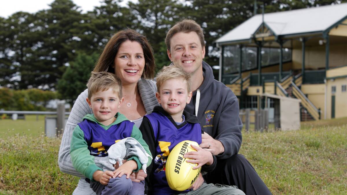 Carley Thomas will join the Port Fairy Seagulls next season, and her husband Ed Thomas who is on the Seagulls committee, with her children Hugo, 3, and Archie, 5. Picture: Rob Gunstone

