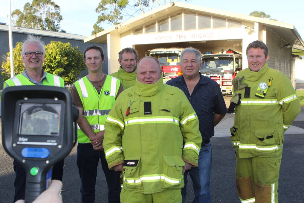 ASSET: Alister Lumsden and Matthew Herbert from Koroit CFA, David Lumsden, Andrew Gilding and Leigh Mugavin from Koroit CFA and Moyne Shire Council mayor Jim Doukas with the new camera. Picture: Anthony Brady 