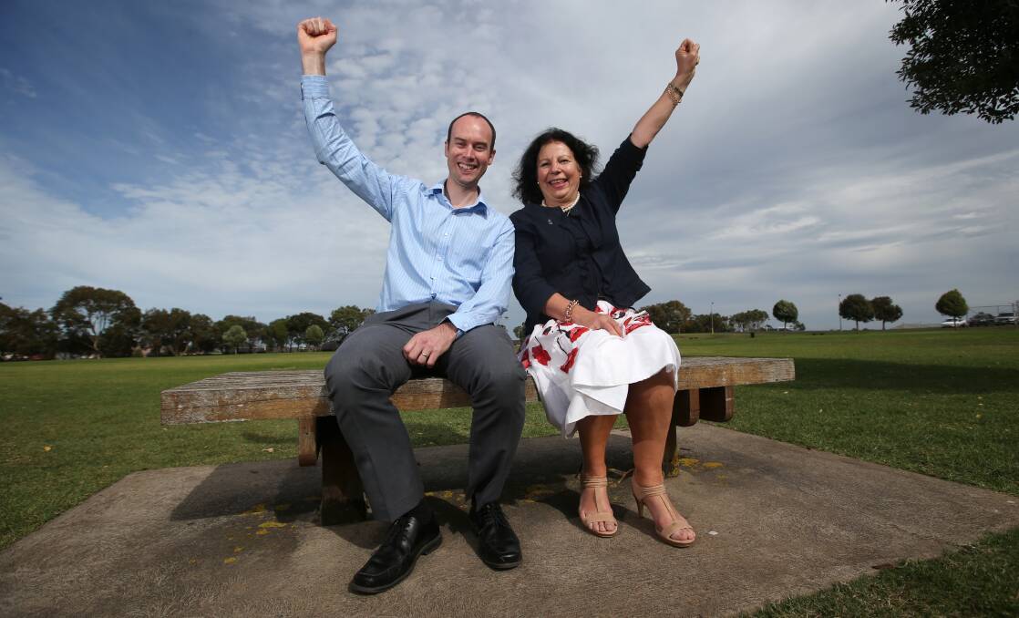 Warrnambool College principal David Clift and Brauer College Principal Jane Boyle celebrate an $8.6 million state funding announcement the schools will share. Picture: Amy Paton