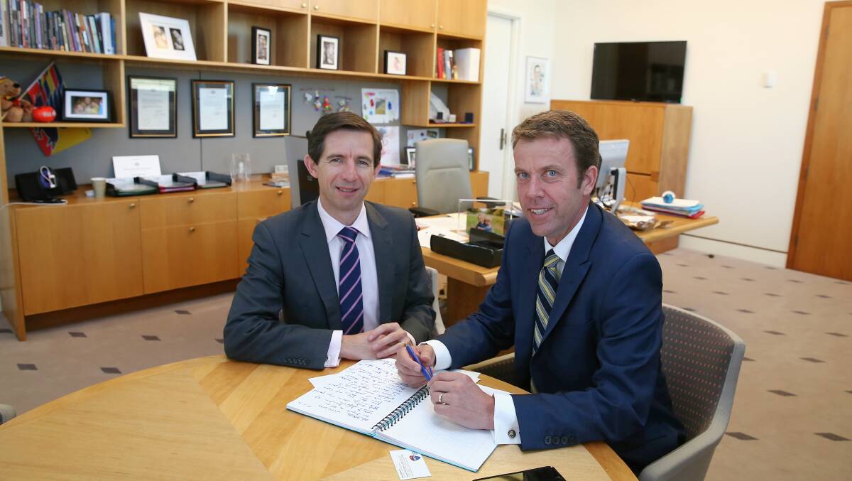 Federal Education and Training Minster Simon Birmingham and Wannon MP Dan Tehan. Picture: Alex Ellinghausen