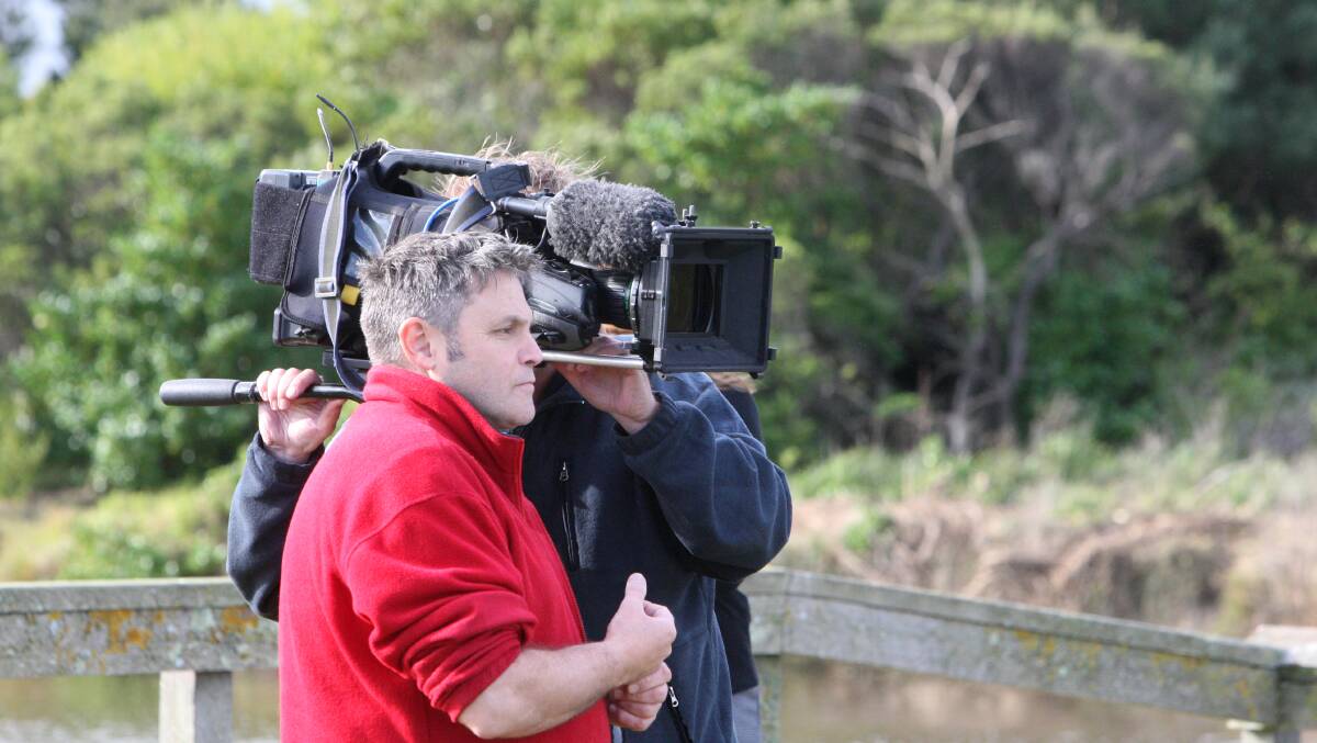 Mick Purdy and Wayne Dwyer shooting the five part documentary series on the movie Oddball and wildlife in the Warrnambool area. Picture: Aaron Sawall 
