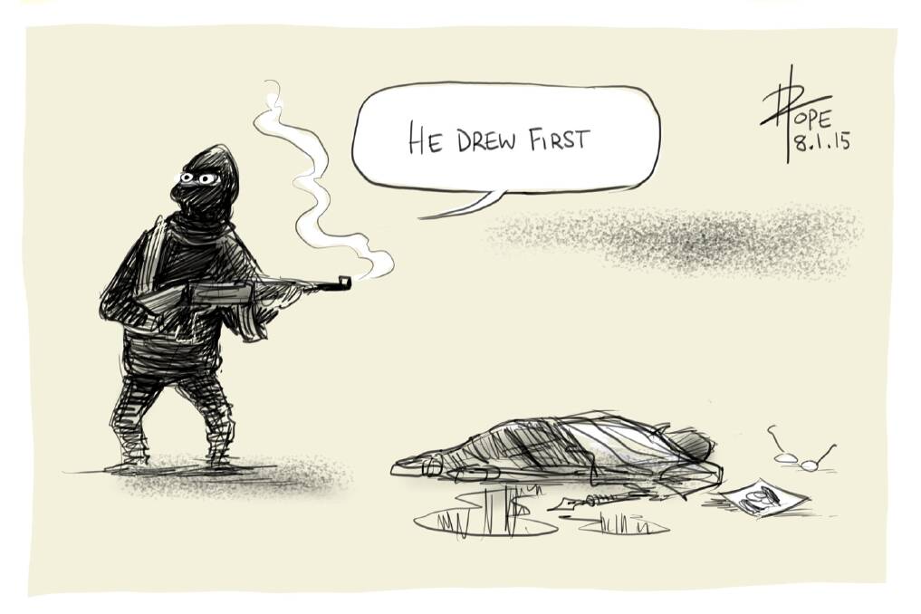 ACCLAIMED: David Pope's He Drew First: Charlie Hebdo cartoon was shared around the world on social media. 