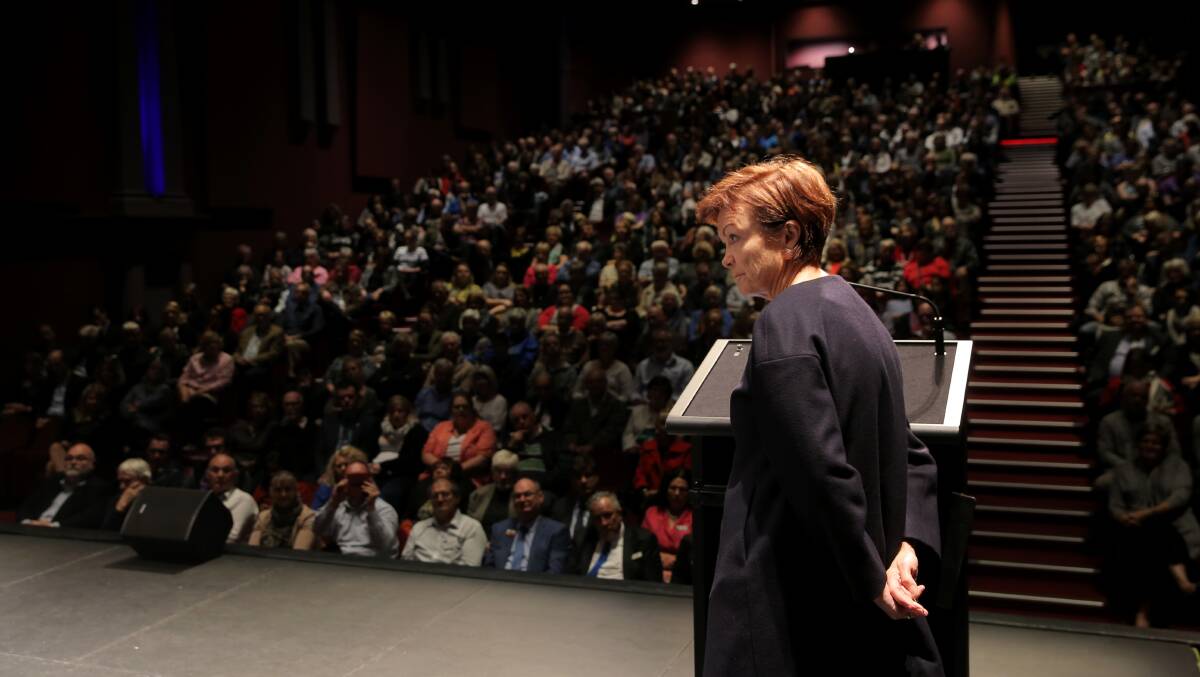 Deakin University Vice Chancellor Jane den Hollander outlines the university's position to a packed Lighthouse Theatre on Friday night. Picture: Rob Gunstone