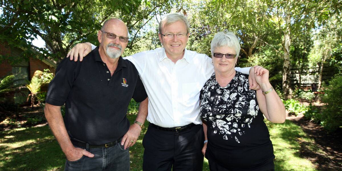 RUDDY FUN: Leon and Joan Davey meet with Prime Minister Kevin Rudd at their Warrnambool home in February 2010. Mr Rudd was the first prime minister to visit Warrnambool since Bob Hawke in May 1983. Picture: Damian White. 