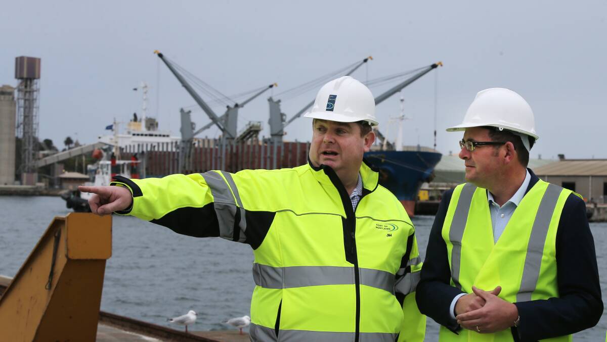 Port of Portland CEO Jim Cooper shows Premier Daniel Andrews around the facility on Friday morning. 