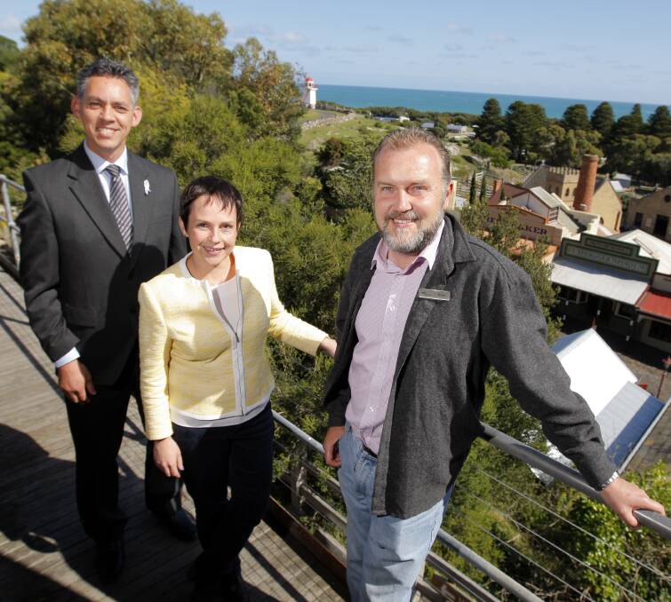 PRIORITY: Jaala Pulford during a visit to Flagstaff Hill last week, with city tourism boss Peter Abbott and city councillor Michael Neoh. Picture: Rob Gunstone 