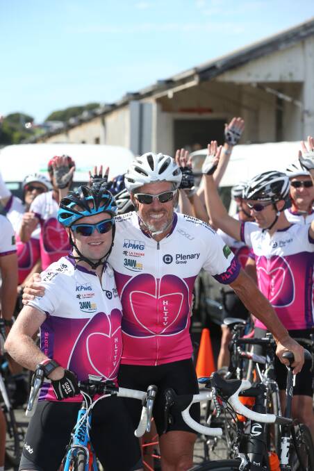Transplant recipient Matthew Orchard and former professional cyclist Phil Anderson depart Warrnambool on the Tour de Transplant. Picture: Vicky Hughson