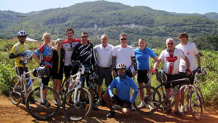 A clearer view ... Jared Crouch, third from right, with cyclists in Burma.
