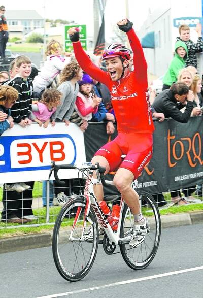 Rhys Pollock from  Drapac Professional cycling team celebrates his win in the Melbourne to Warrnambool Cycling Classic
