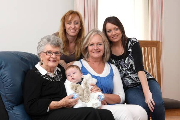 Roma Tolley, holds her great great grandson Blake Hutchins flanked by her daughter Julie Hayden, Julie’s daughter Lee Barton-Wright and Blake’s mother Rhianna Barton-Hutchins.