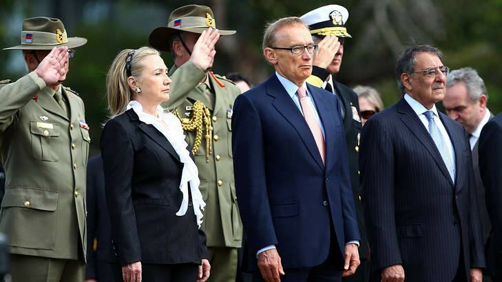 Bob Carr with former US secretary of state Hillary Clinton and former US secretary of defence Leon Panetta. Photo: Getty Image