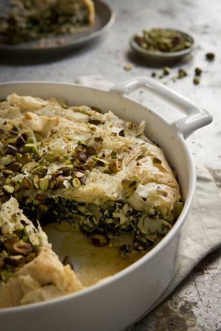 A twist on the classic Greek spinach and cheese pie, spanakopita   <a href="http://www.goodfood.com.au/good-food/cook/recipe/filo-pie-with-greens-feta-and-pistachio-20130905-2t6ez.html"><b>(recipe here).</b></a> Photo: Marcel Aucar